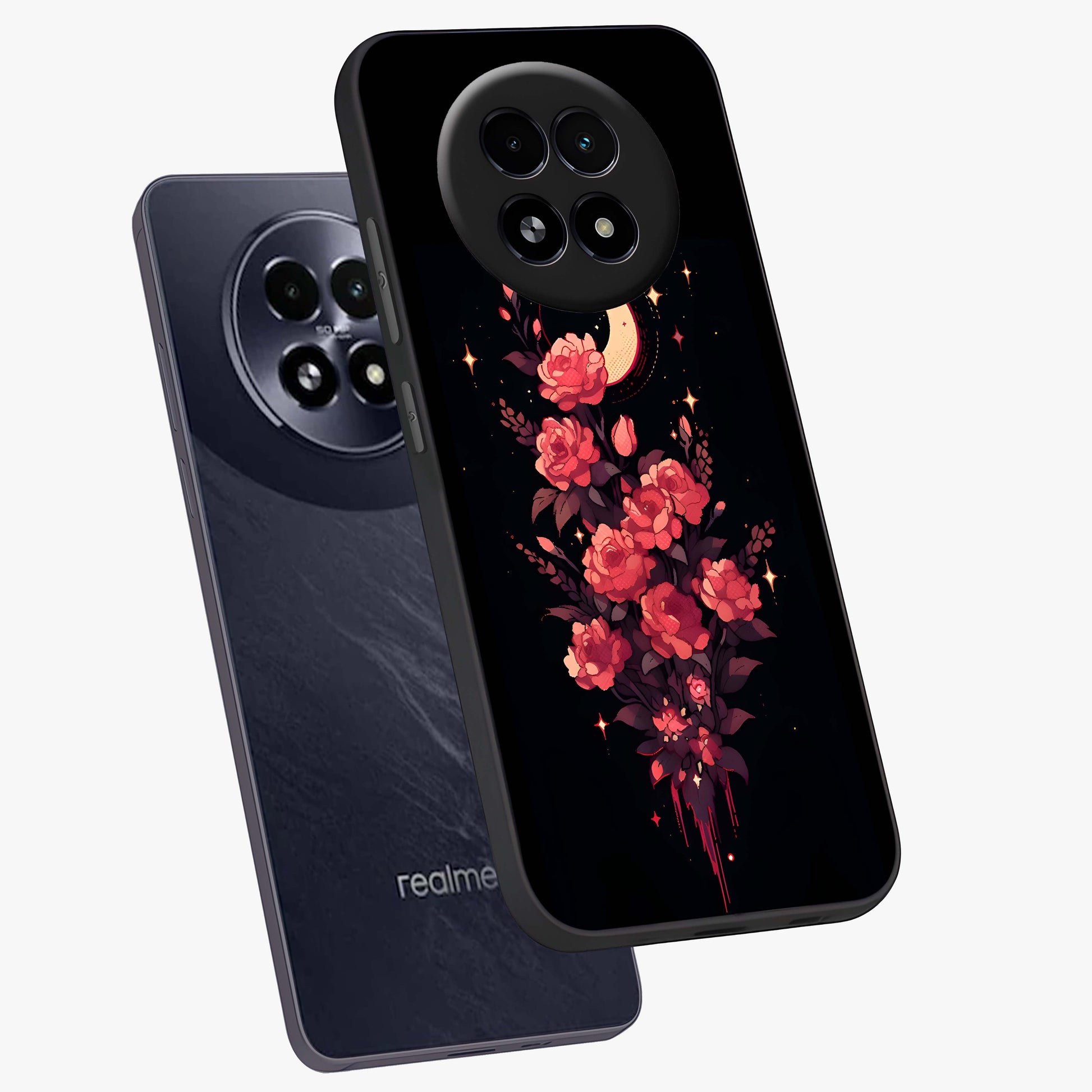 Moonlit Floral Elegance Glass Case displayed in angled mockup highlighting graceful flower design with soft moonlight aesthetic.