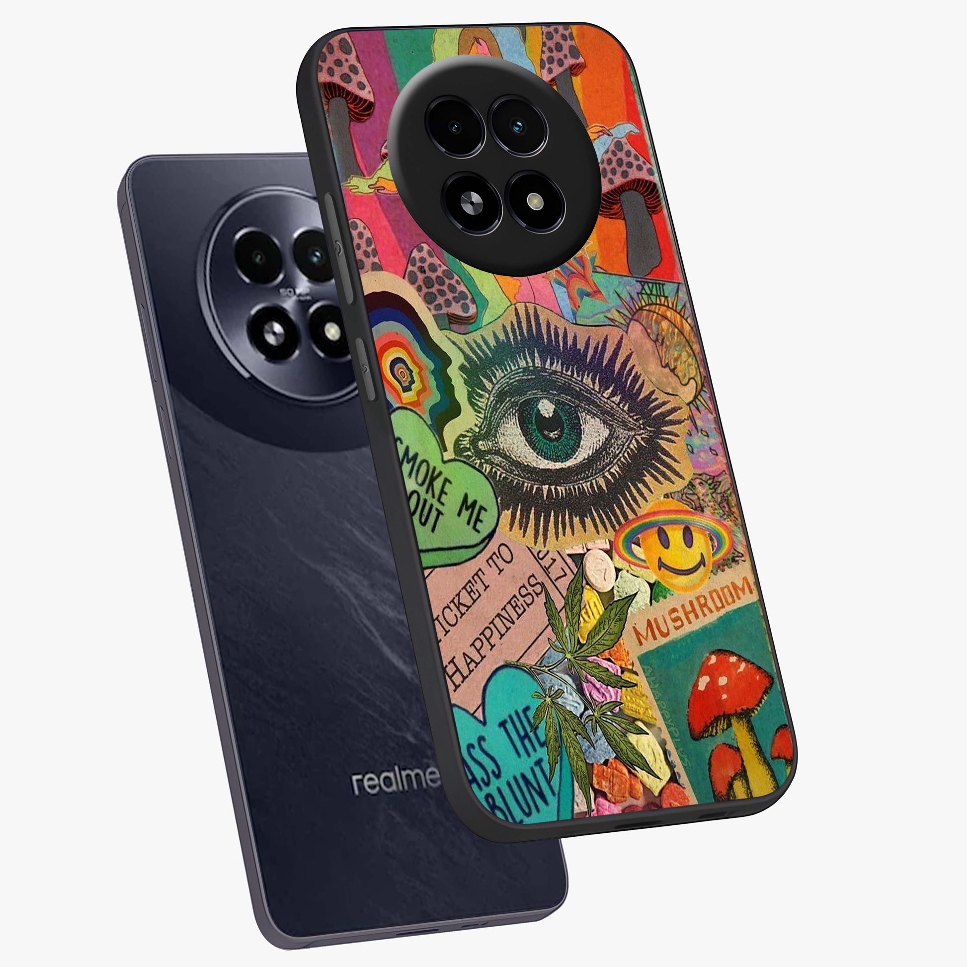 Mystic Eye Wonderland Glass Case displayed in angled mockup highlighting magical eye illustration with dreamy aesthetic.