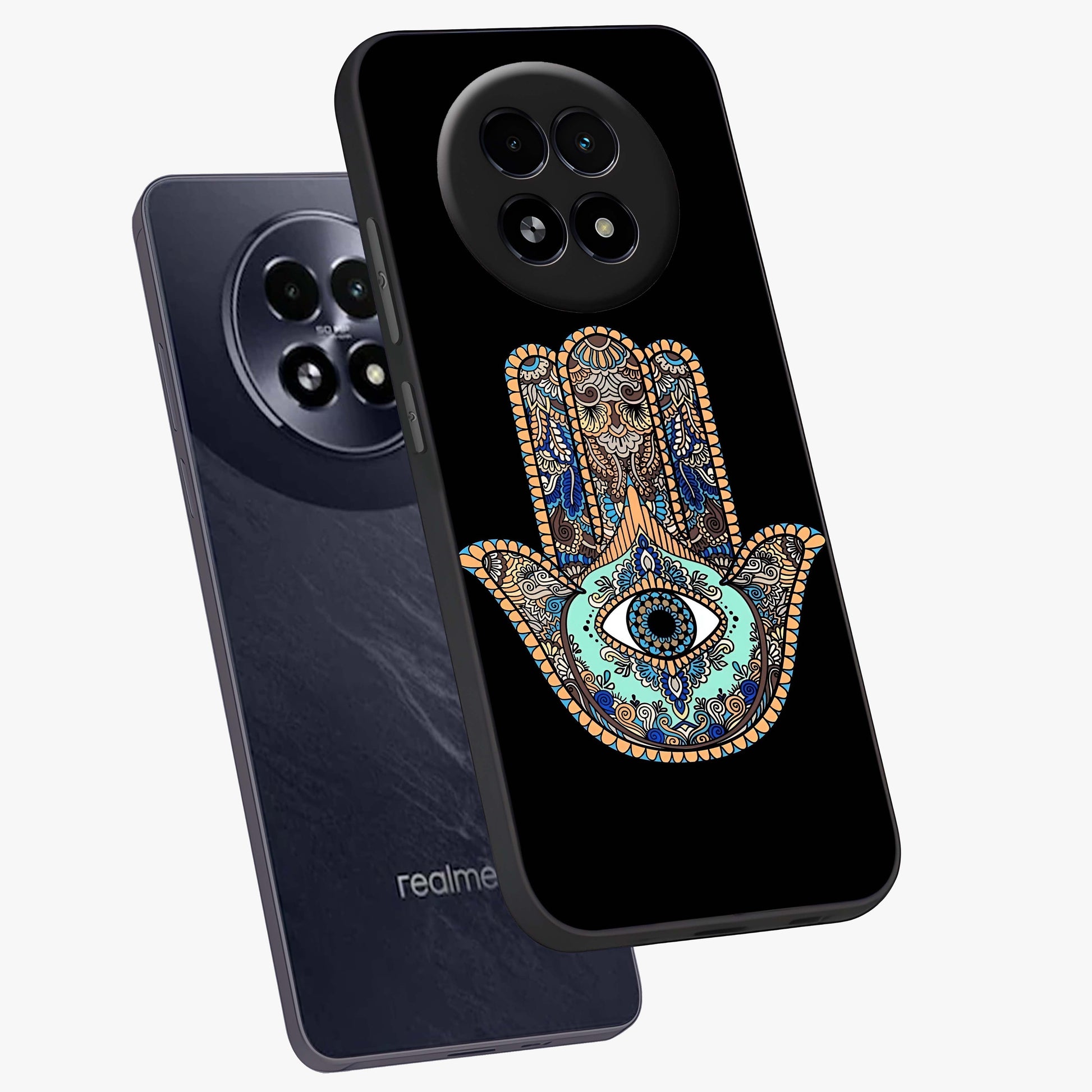 Mystic Hamsa Eye Glass Case displayed in angled mockup highlighting spiritual hamsa symbol with mystical aesthetic style.