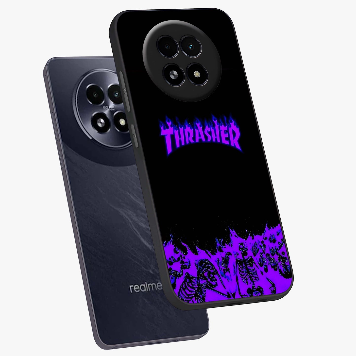 Neon Flame Riot Glass Case displayed in angled mockup highlighting glowing flame design with vibrant neon aesthetic.