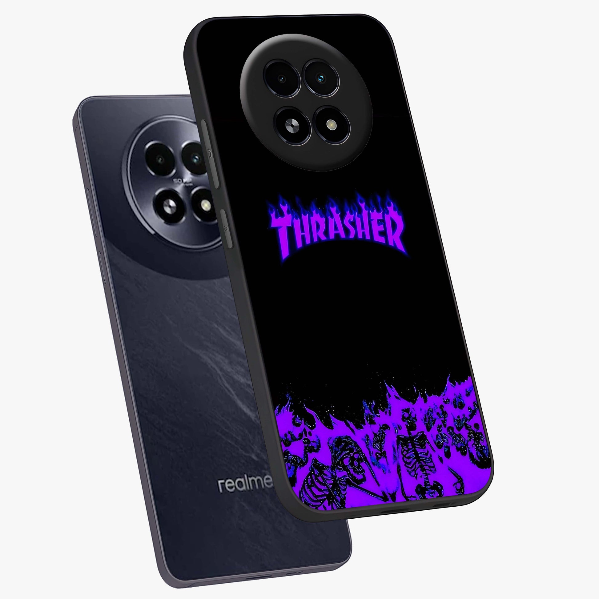 Neon Flame Riot Glass Case displayed in angled mockup highlighting glowing flame design with vibrant neon aesthetic.