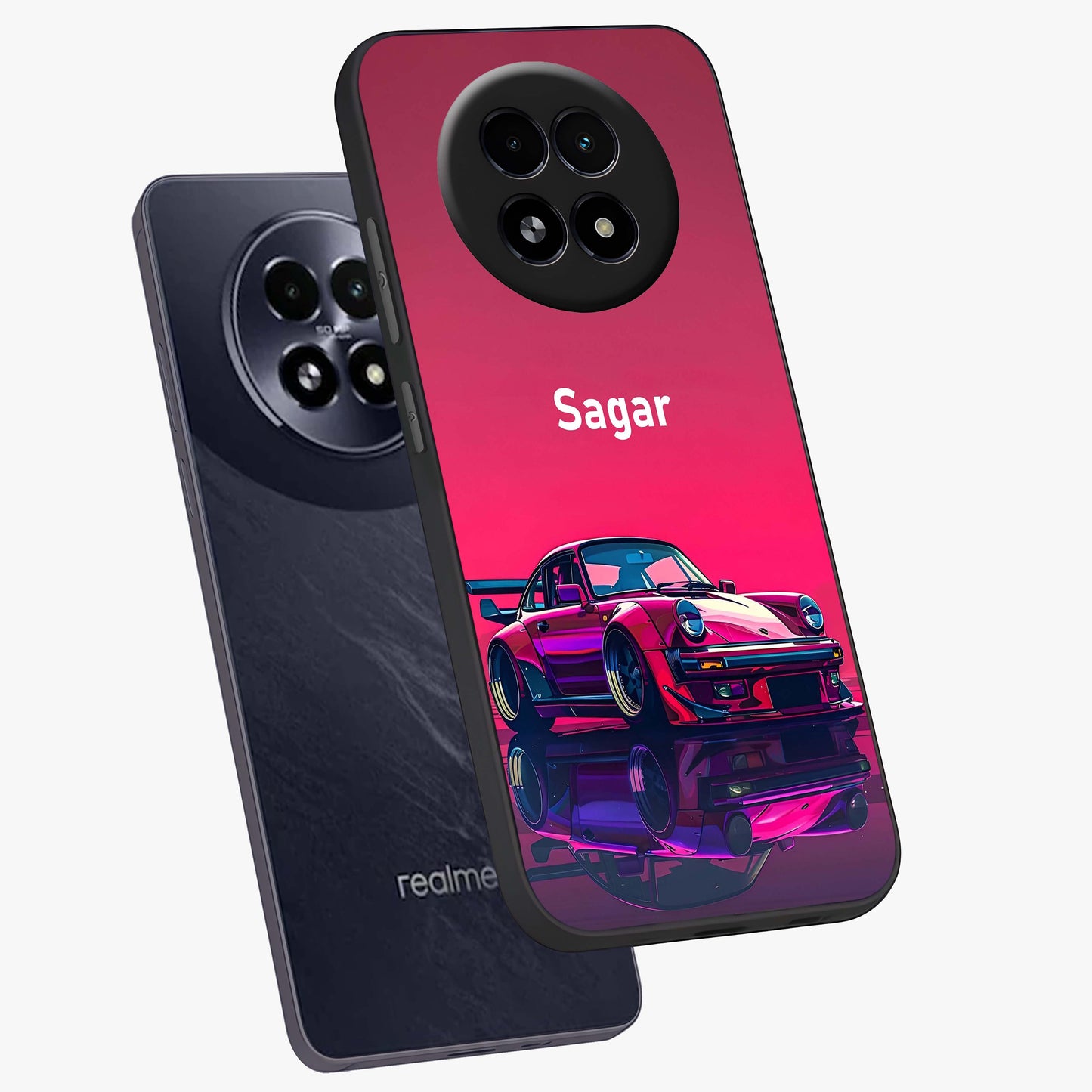 Neon Pink Porsche Glass Case displayed in angled mockup highlighting sleek neon pink car design with racing aesthetic.