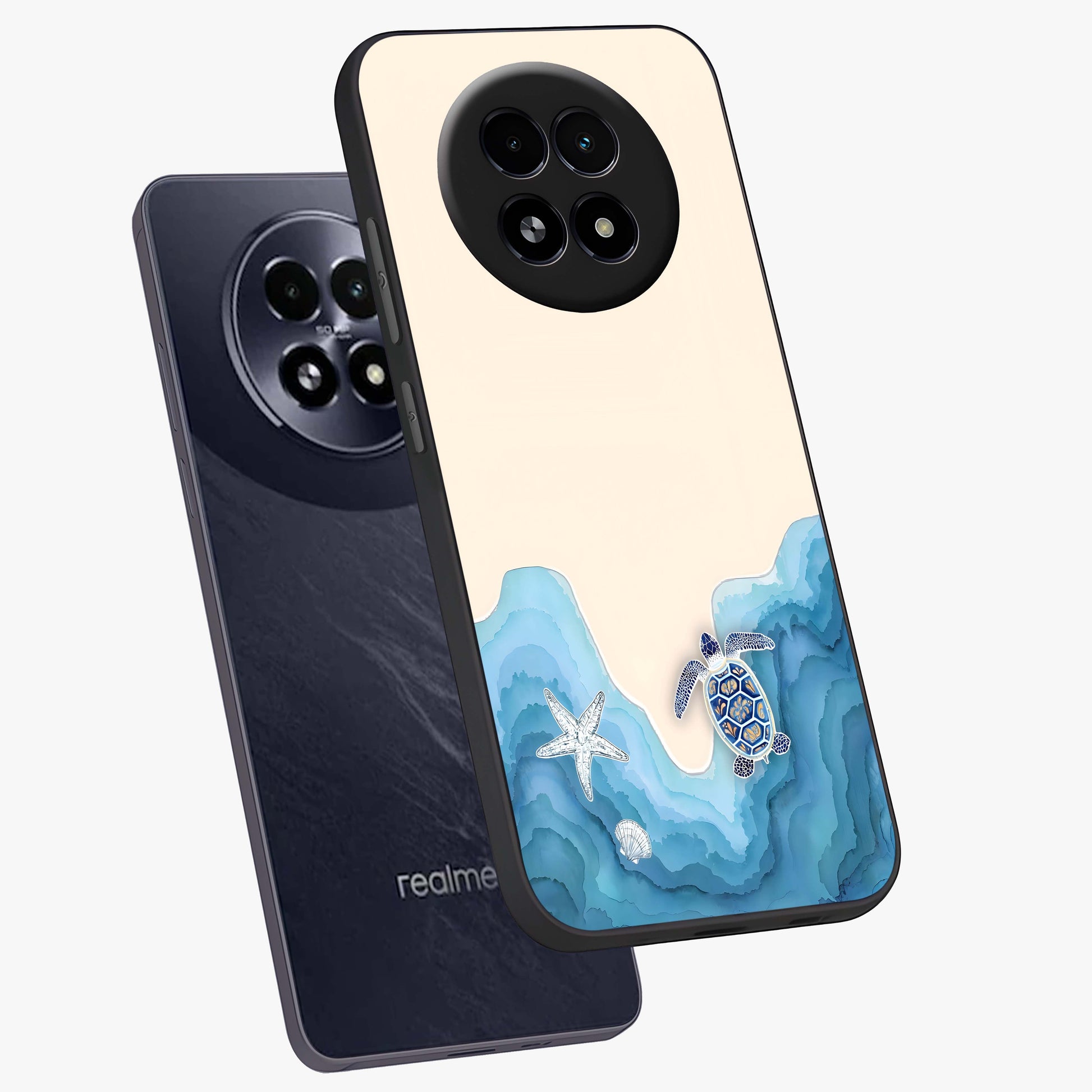 Ocean Drift Turtle Glass Case displayed in angled mockup highlighting peaceful ocean turtle illustration with marine aesthetic.