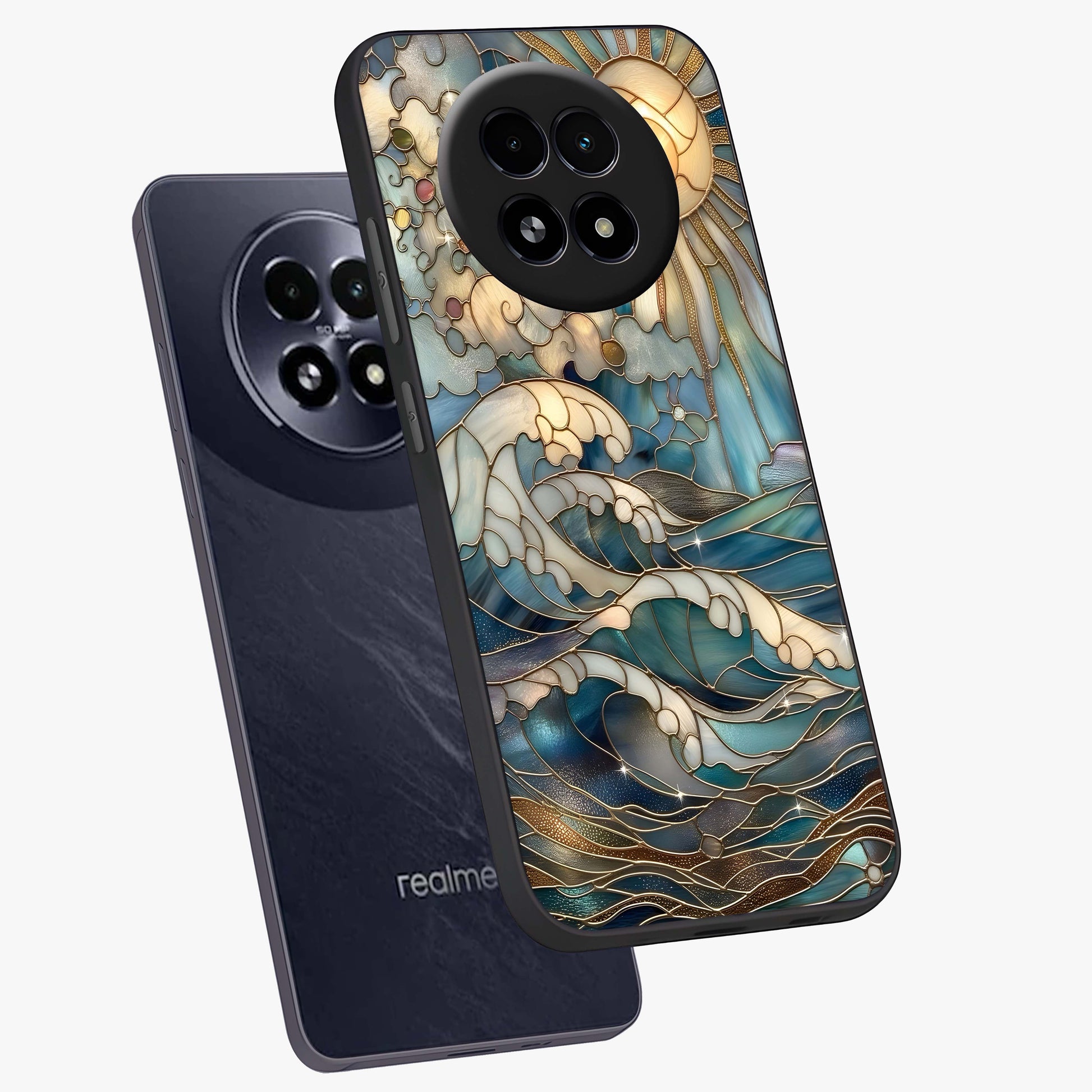 Oceanic Stained Printed Glass Case displayed in angled mockup highlighting colorful aquatic design with artistic aesthetic style.