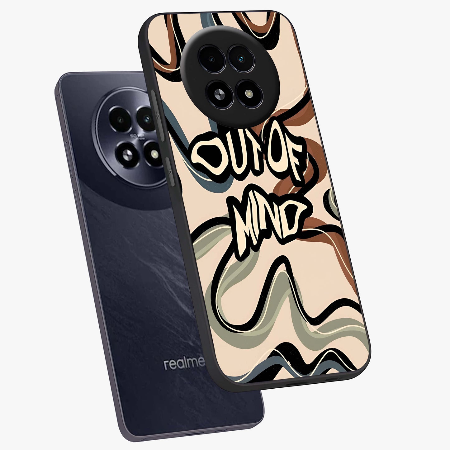 Out Of Mind Glass Case displayed in angled mockup highlighting bold statement design with modern artistic aesthetic.
