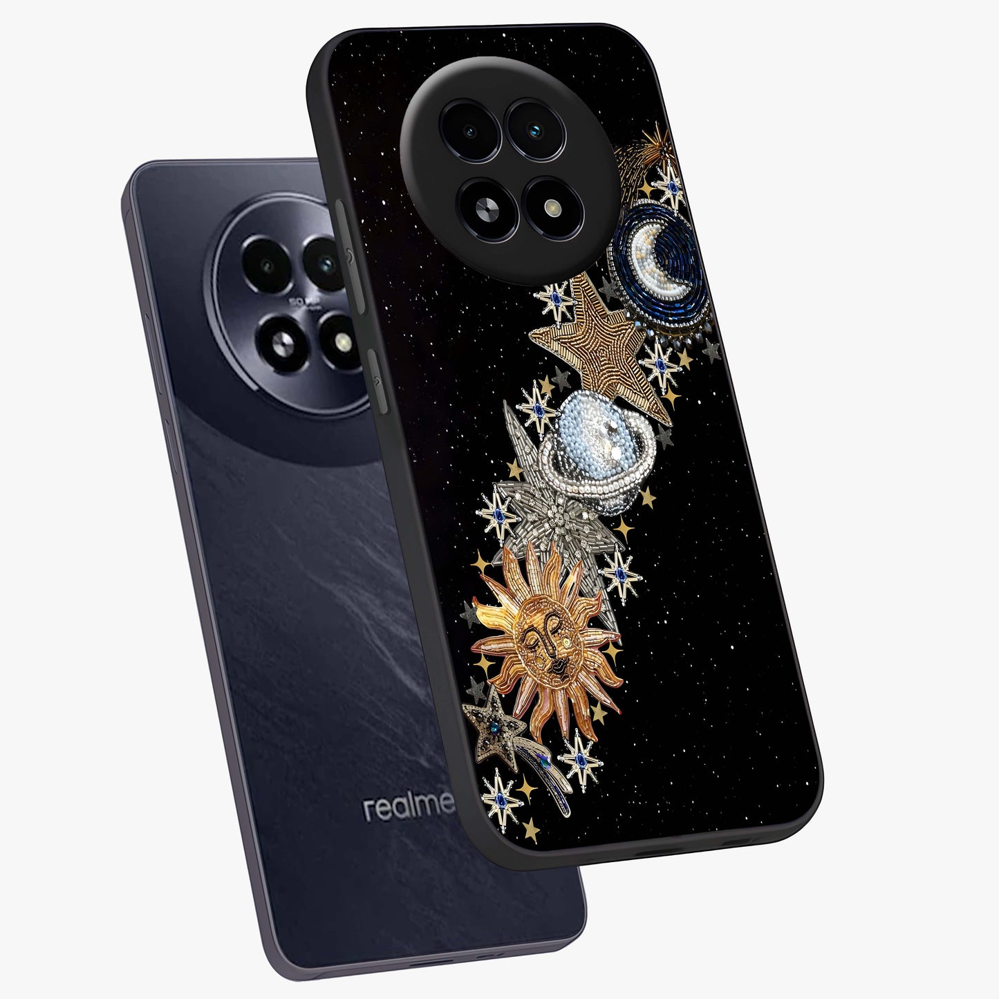 Pearls Universe Object Glass Case displayed in angled mockup highlighting celestial pearl design with dreamy aesthetic.