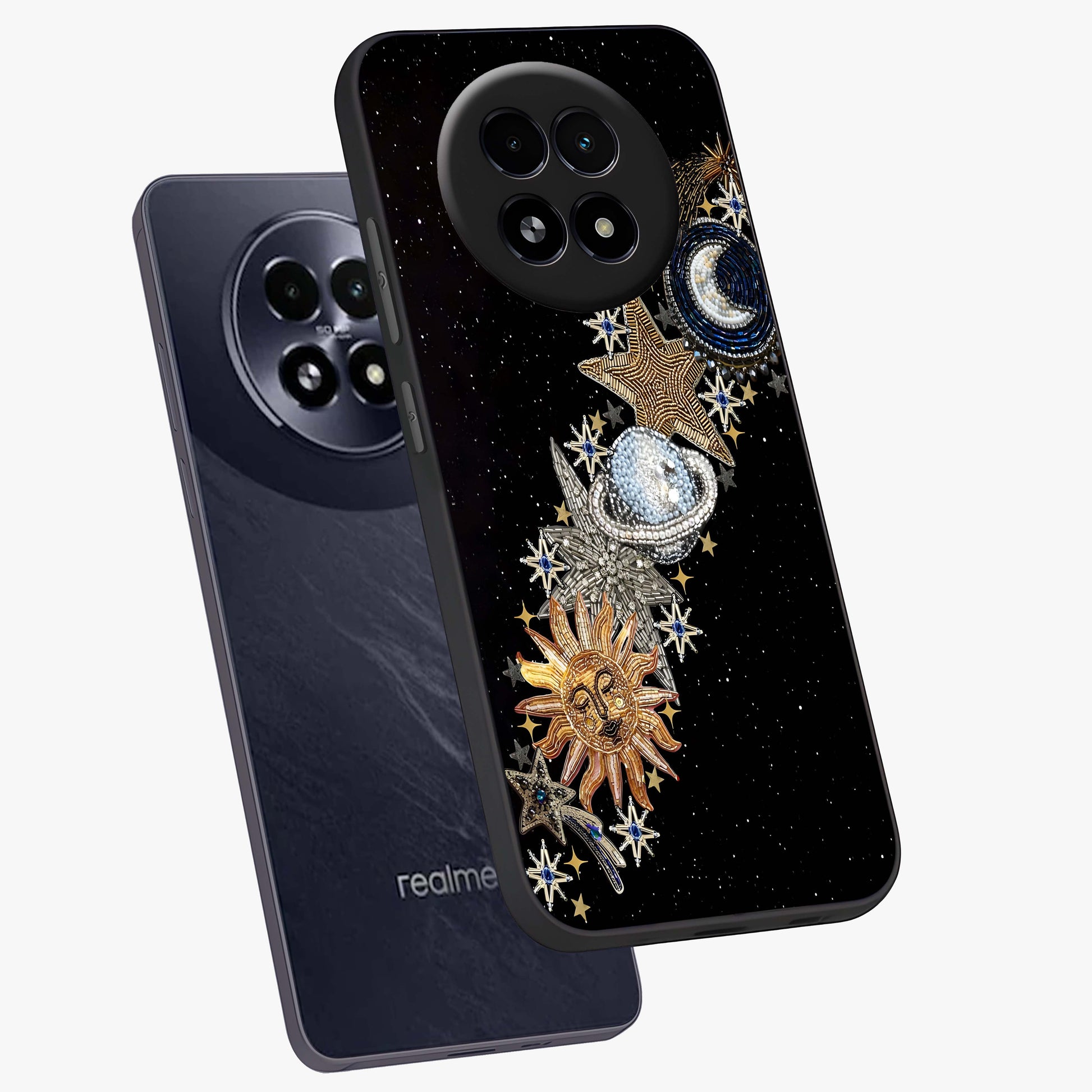 Pearls Universe Object Glass Case displayed in angled mockup highlighting celestial pearl design with dreamy aesthetic.