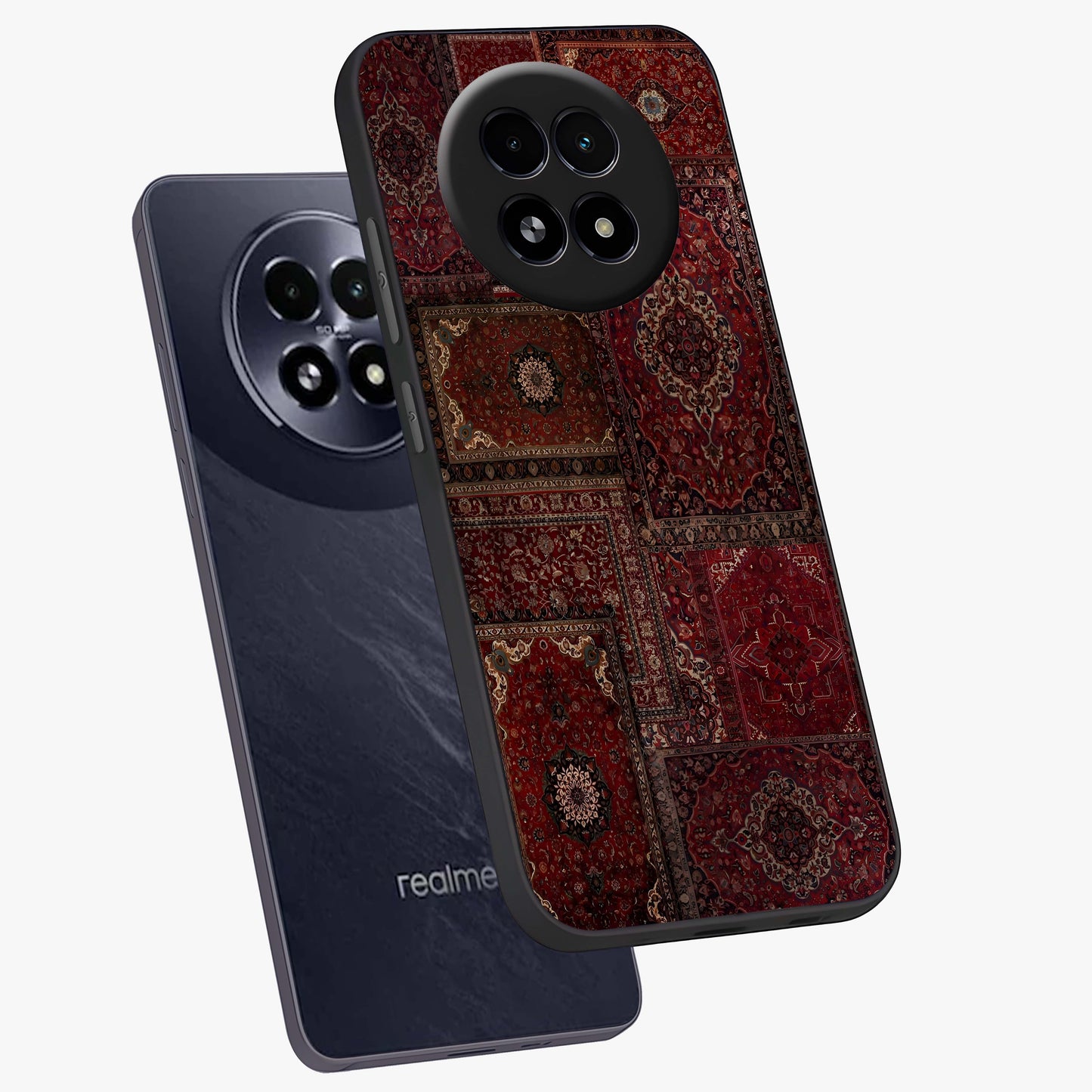 Persian Velvet Tale Glass Case displayed in angled mockup highlighting ornate textile inspired design with royal aesthetic.