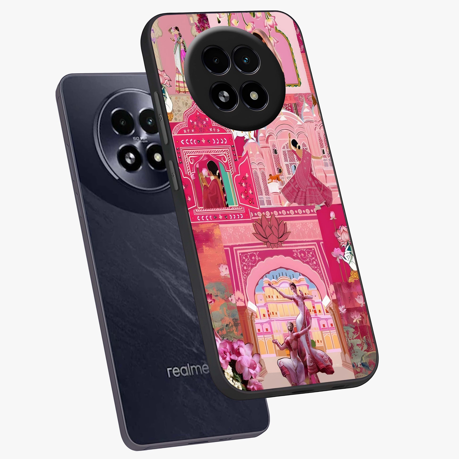 Pink Palace Muse Glass Case displayed in angled mockup highlighting dreamy palace illustration with soft pink aesthetic.