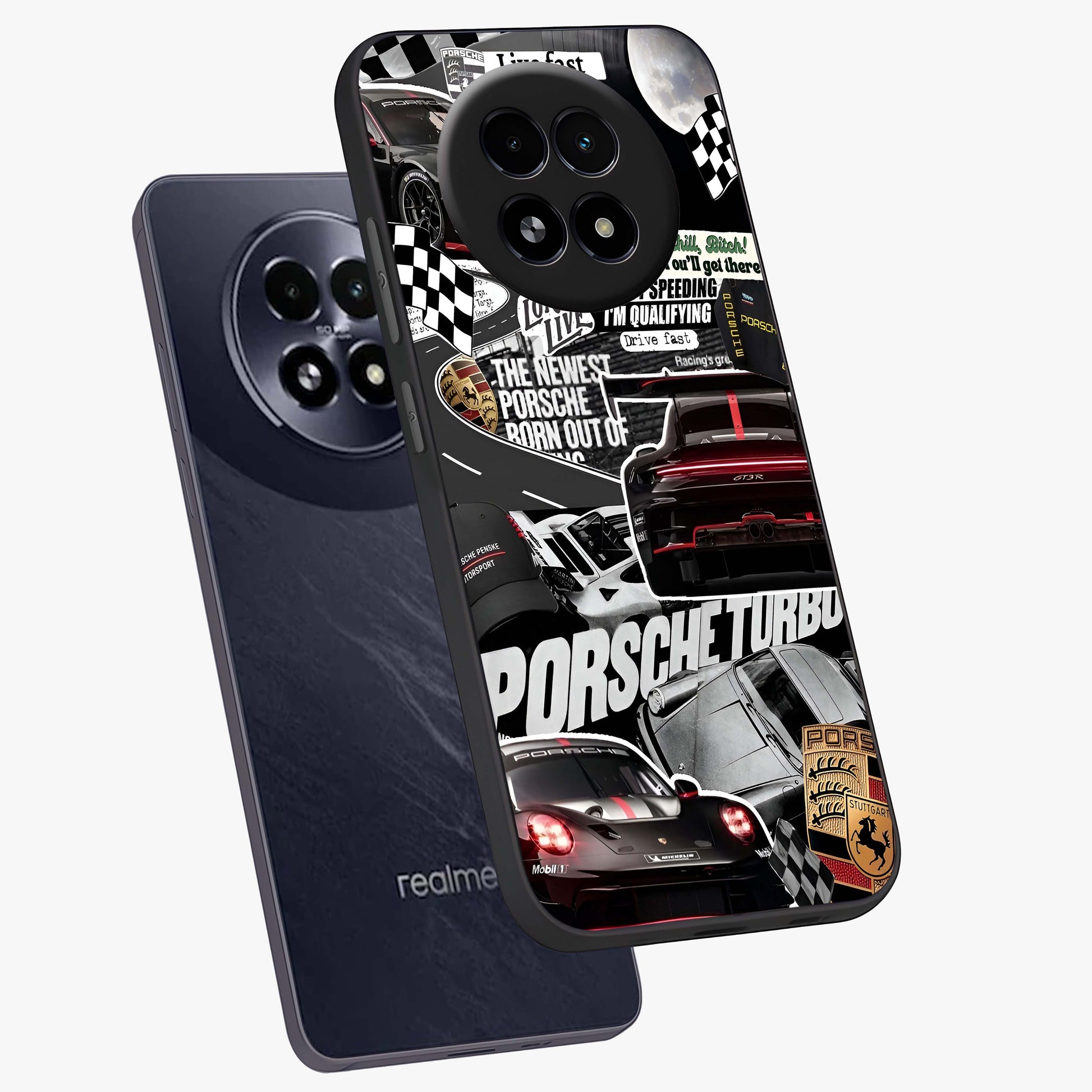 Porsche Racing Collage Glass Case displayed in angled mockup highlighting dynamic automotive design with bold racing aesthetic.