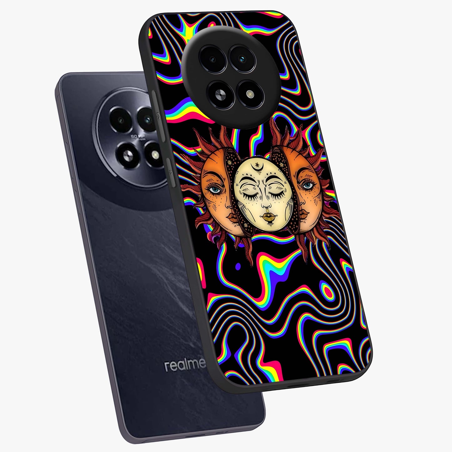 Psychedelic Sun Glass Case displayed in angled mockup highlighting vibrant abstract sun design with artistic aesthetic style.