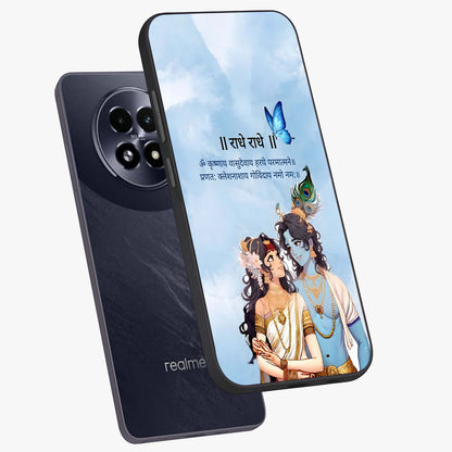 Radha Krishna Eternal Glass Case displayed in angled mockup highlighting divine Radha Krishna illustration with spiritual aesthetic.