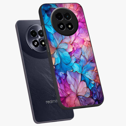 Radiant Floral Whirl Glass Case displayed in angled mockup highlighting vibrant flower pattern with dynamic artistic aesthetic.