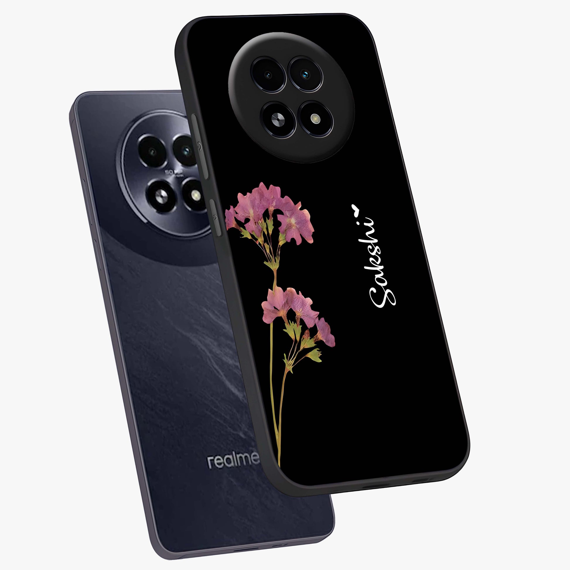 Riching Lavender Flower Custom Name Glass Case displayed in angled mockup highlighting delicate lavender flower design with custom name feature.