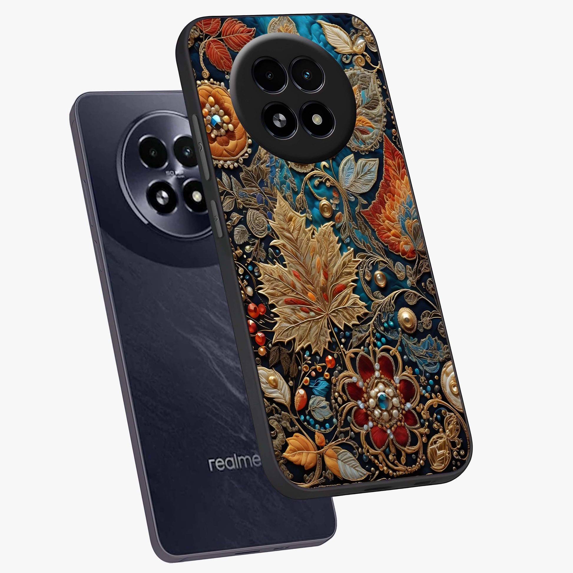Royal Jewel Garden Glass Case displayed in angled mockup highlighting vibrant jewel inspired floral design with elegant aesthetic.