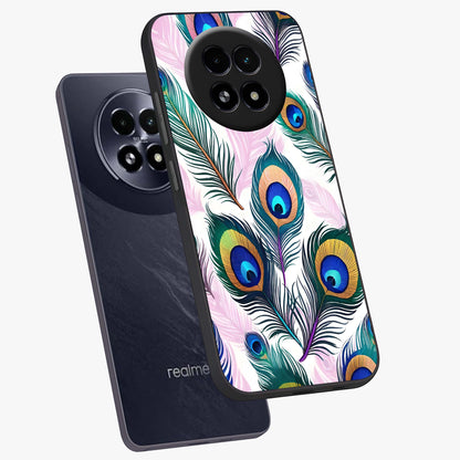 Royal Peacock Feathers Glass Case displayed in angled mockup highlighting vibrant feather pattern with regal aesthetic style.