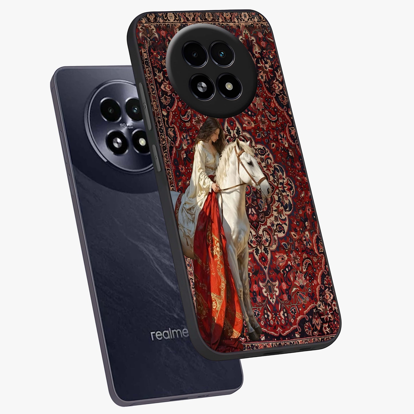 Royal Rider Tapestry Glass Case displayed in angled mockup highlighting traditional tapestry design with royal heritage aesthetic.