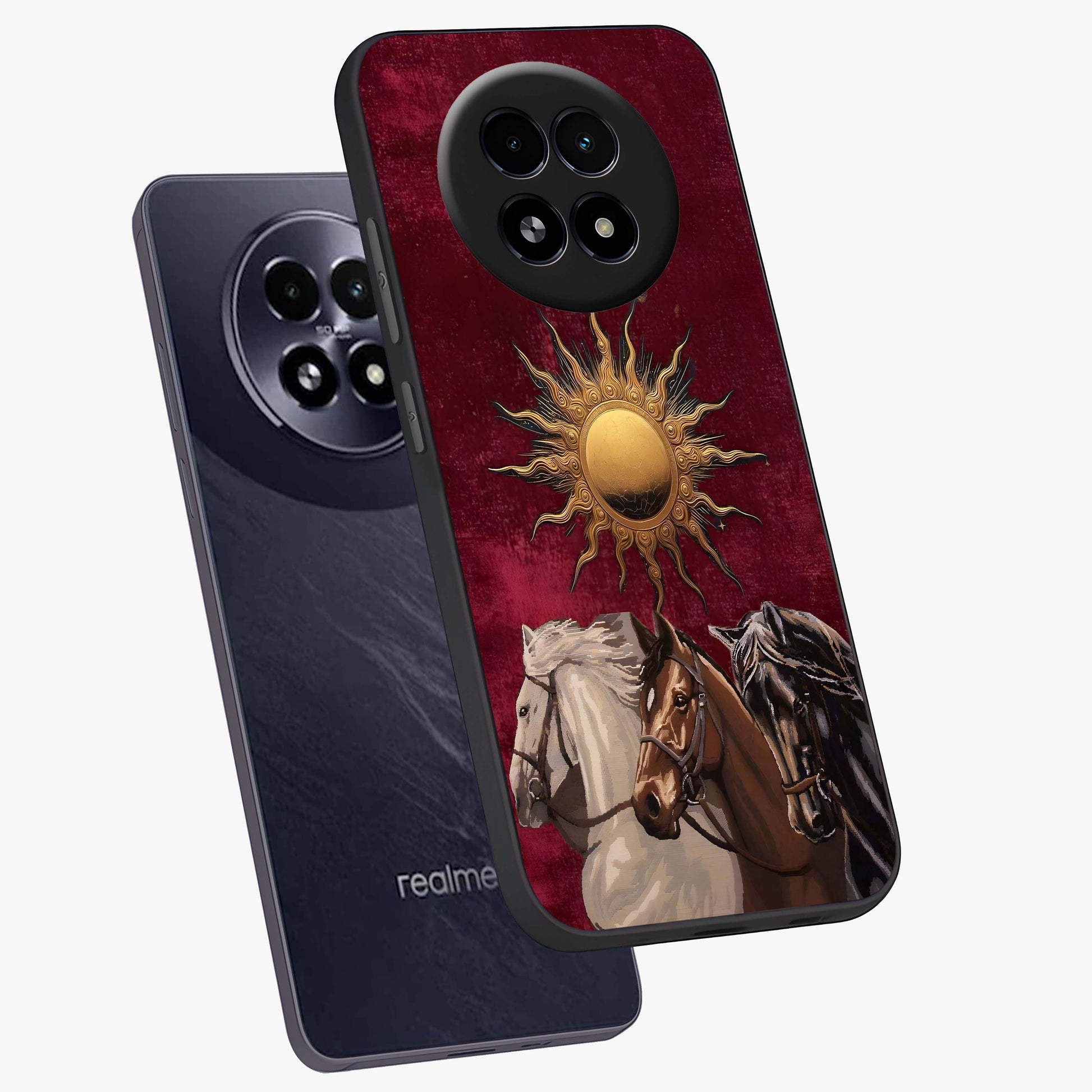 Solar Riders Glass Case displayed in angled mockup highlighting powerful rider illustration with radiant solar aesthetic.