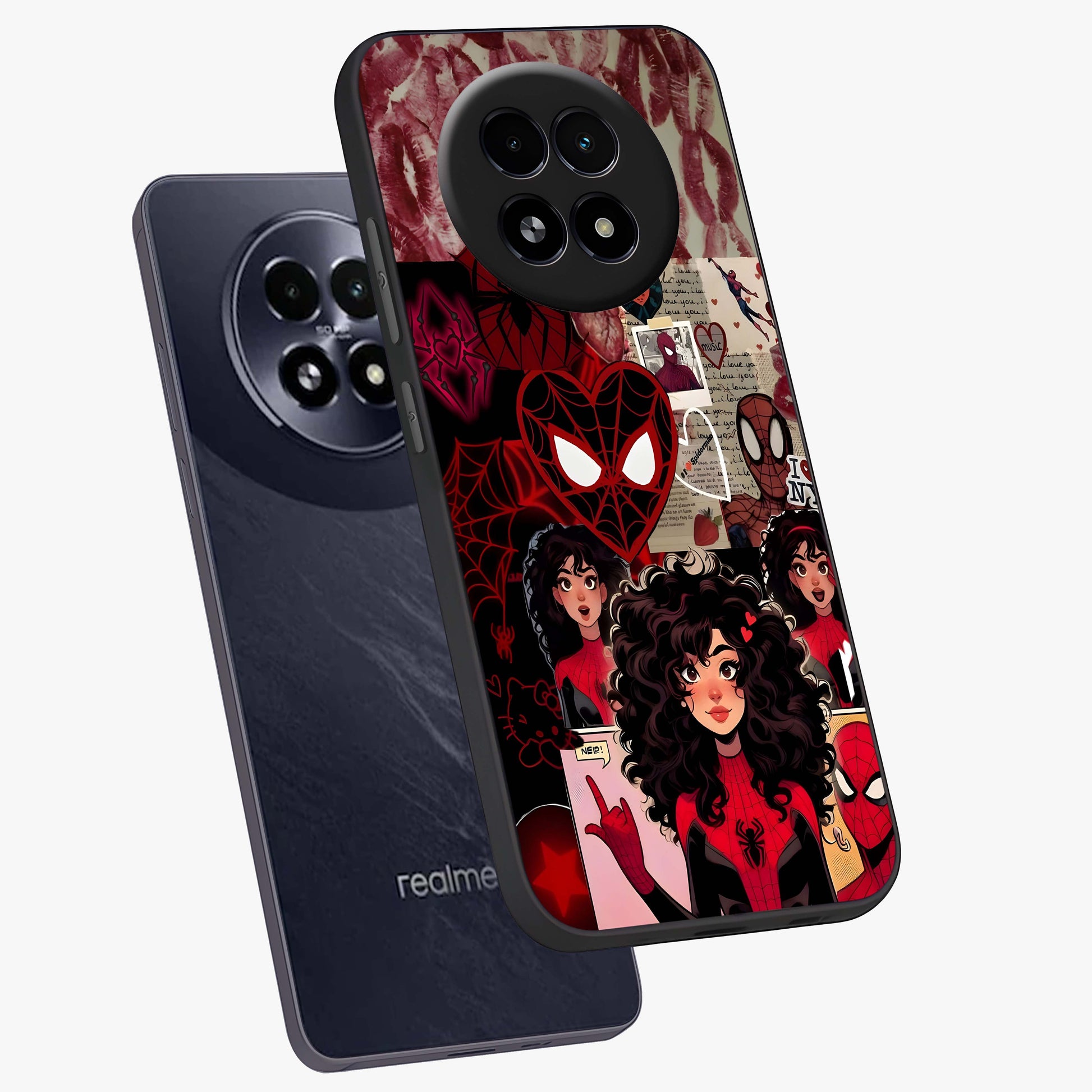 Spider Love Story Glass Case displayed in angled mockup highlighting expressive comic inspired design with playful aesthetic.