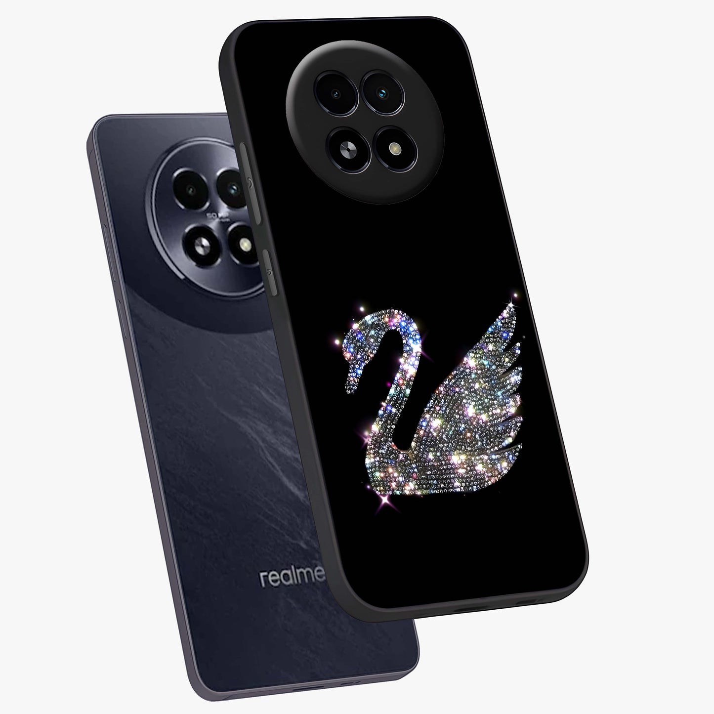 Starlit Swan Grace Glass Case displayed in angled mockup highlighting elegant swan illustration with dreamy celestial aesthetic.