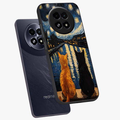 Starry River Cats Glass Case displayed in angled mockup highlighting charming feline illustration with dreamy night aesthetic.