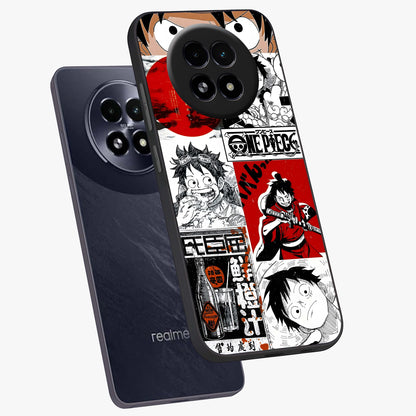 Strawhat Chaos Panels Glass Case displayed in angled mockup highlighting vibrant anime collage design with action aesthetic.