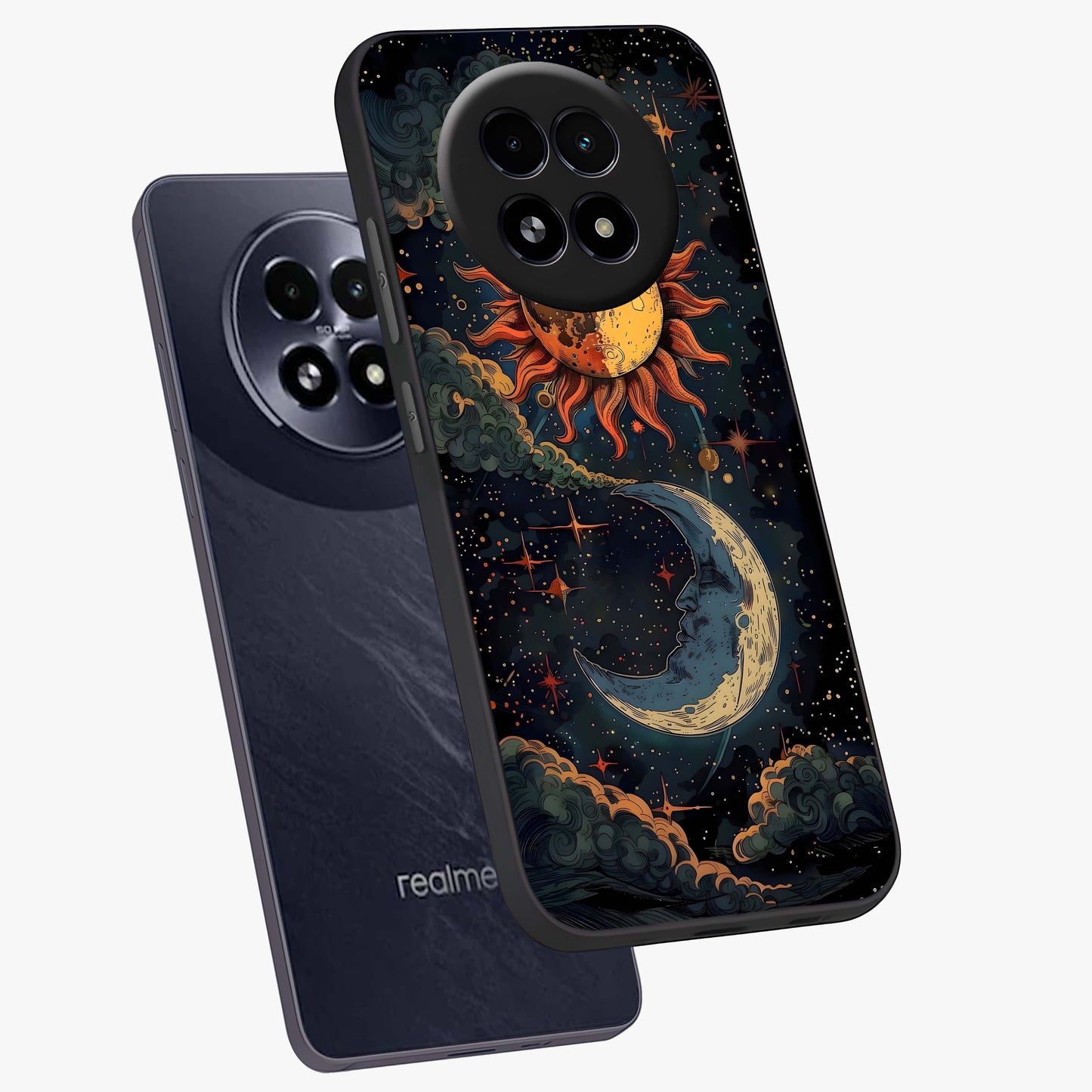 Sun And Moon Magic Design Glass Case displayed in angled mockup highlighting celestial design with magical cosmic aesthetic.