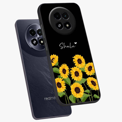 Sunflower Chic Mood Custom Name Glass Case displayed in angled mockup highlighting vibrant sunflower design with custom name feature.