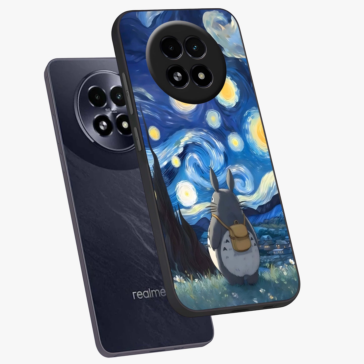 Totoro In Van Gogh Art Glass Case displayed in angled mockup highlighting artistic swirling sky design with playful animation aesthetic.