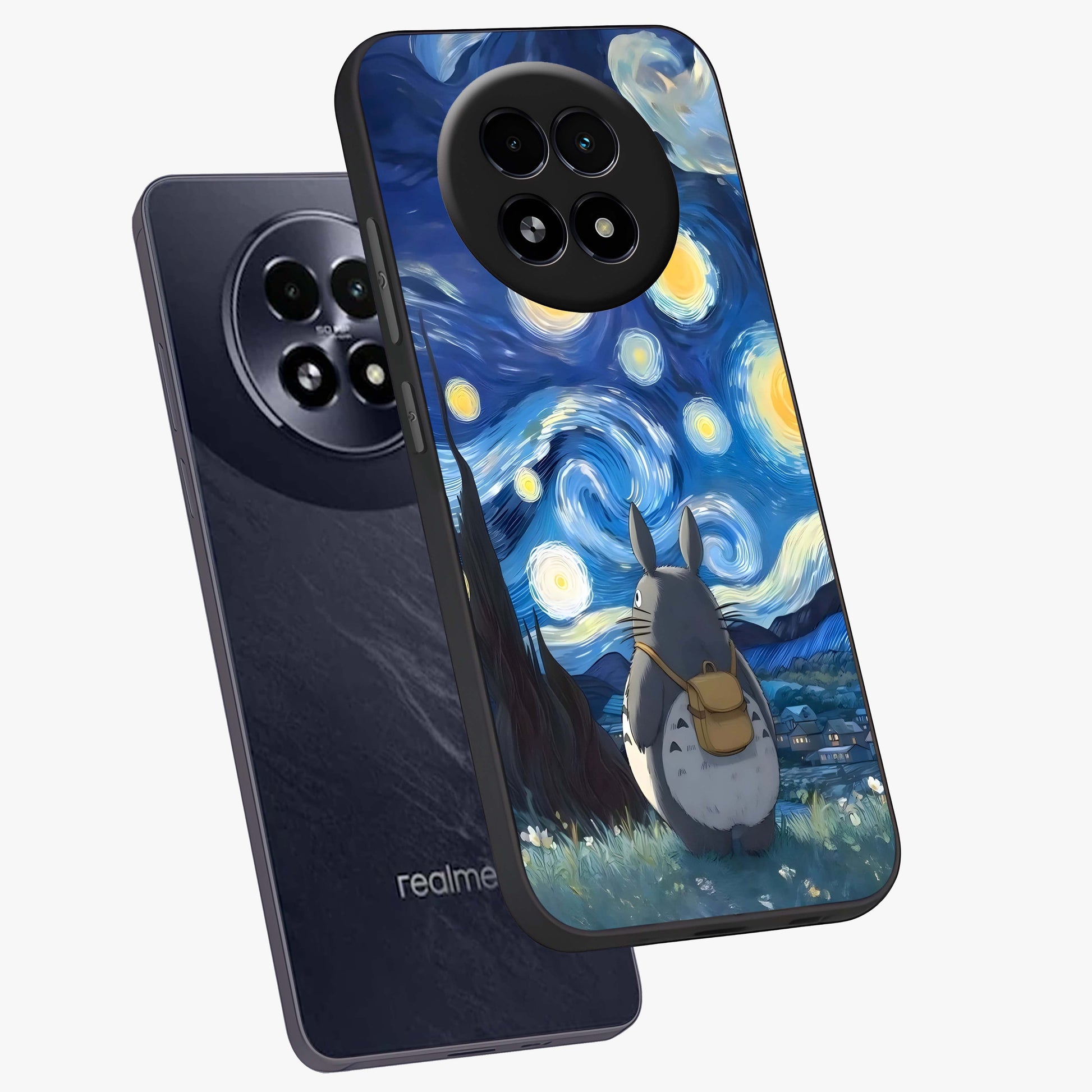 Totoro In Van Gogh Art Glass Case displayed in angled mockup highlighting artistic swirling sky design with playful animation aesthetic.