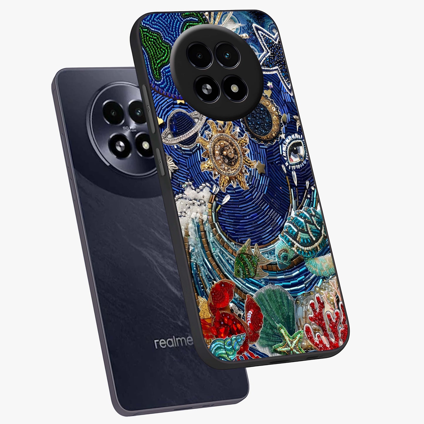 Universe Underwater Spark Glass Case displayed in angled mockup highlighting glowing aquatic design with celestial aesthetic.