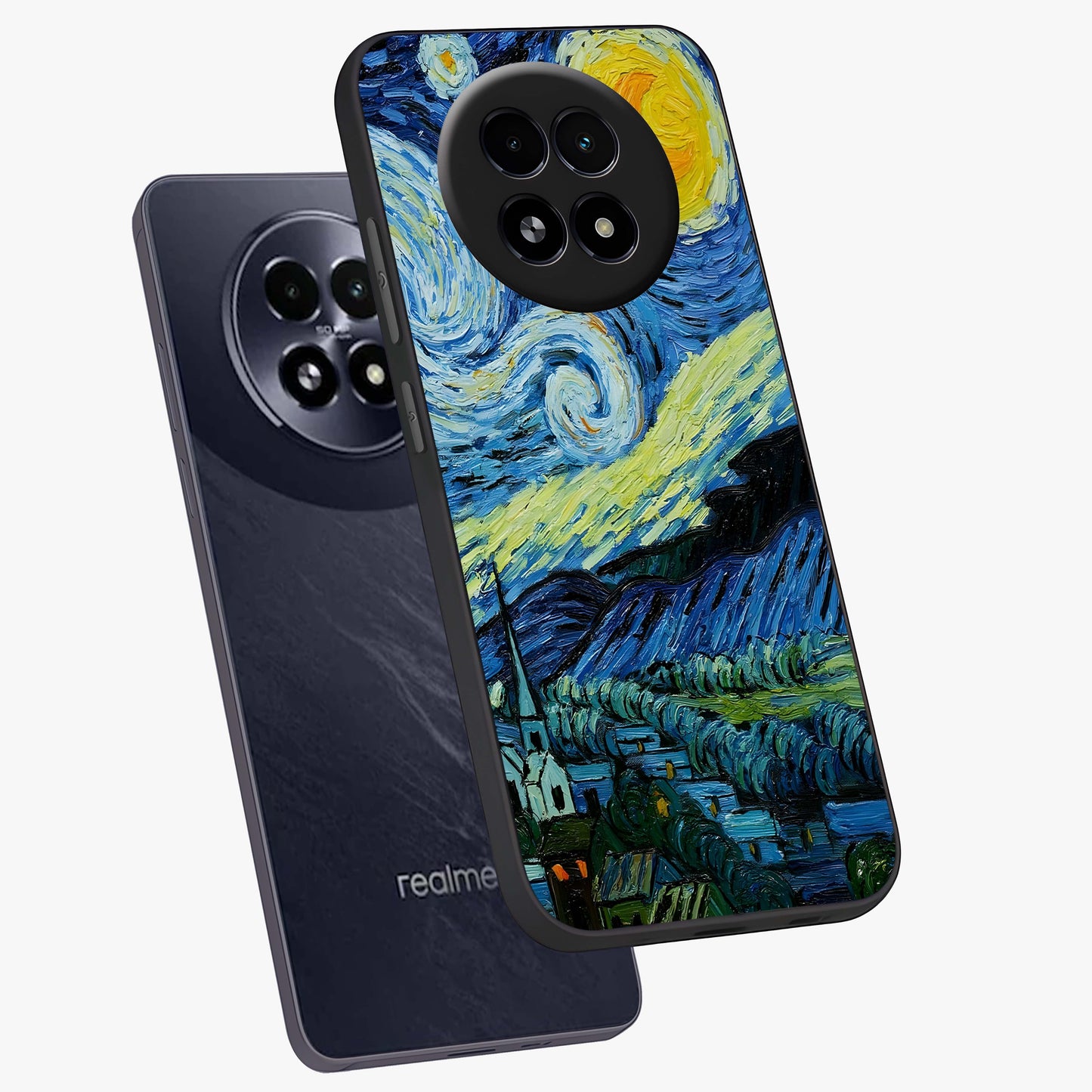 Van Gogh Art Glass Case displayed in angled mockup highlighting swirling brushstroke design with artistic aesthetic.