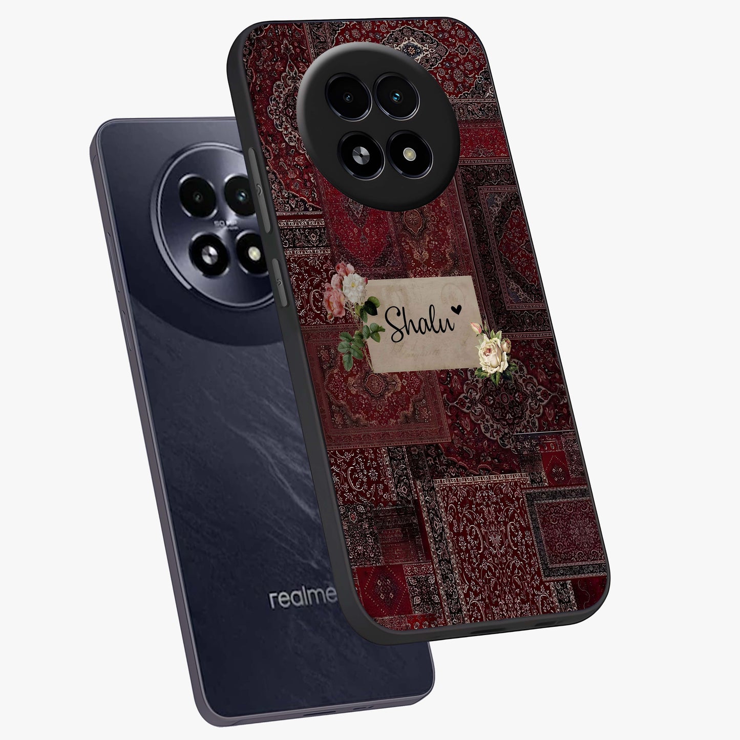 Velvet Wine Pattern Custom Name Glass Case displayed in angled mockup highlighting decorative velvet inspired design with custom name feature.