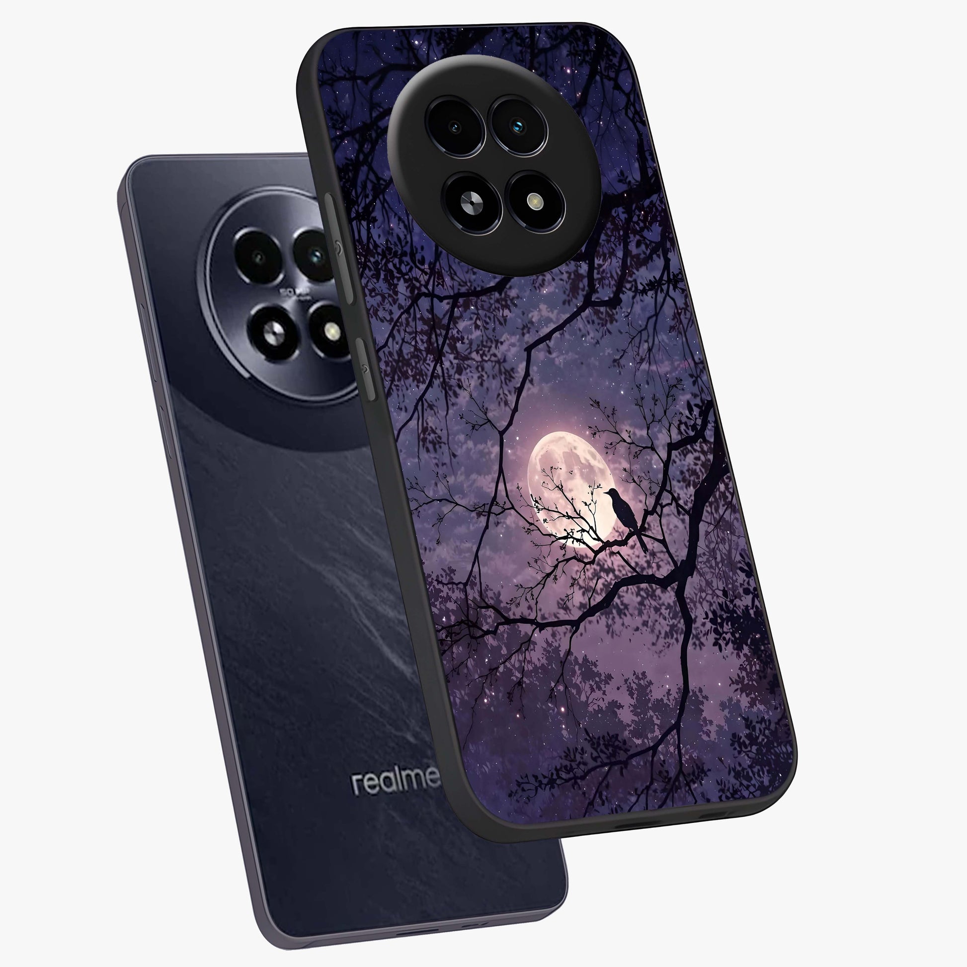 Whispering Moon Silence Glass Case displayed in angled mockup highlighting calm lunar design with dreamy night aesthetic.