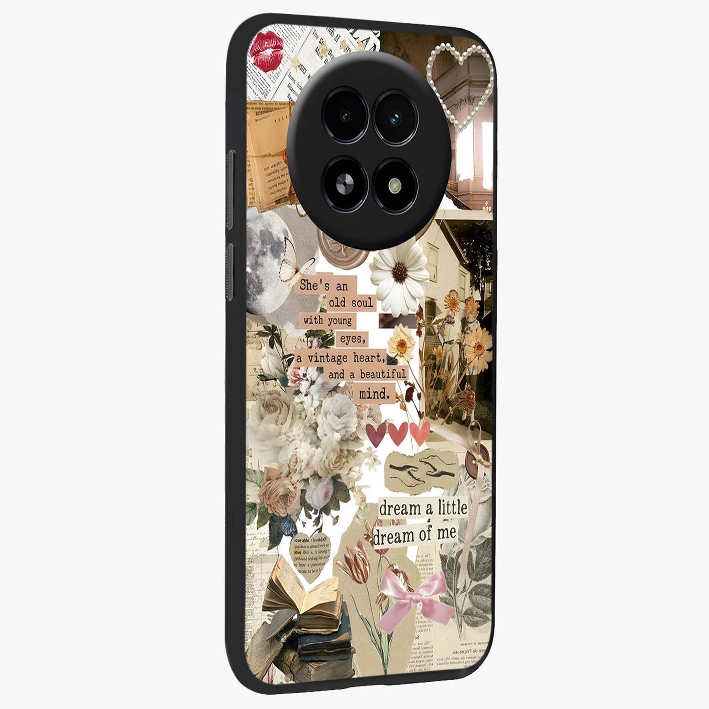 Aesthetic Brown Vintage Collage Glass Case upright view showcasing nostalgic retro artwork with stylish vintage theme.