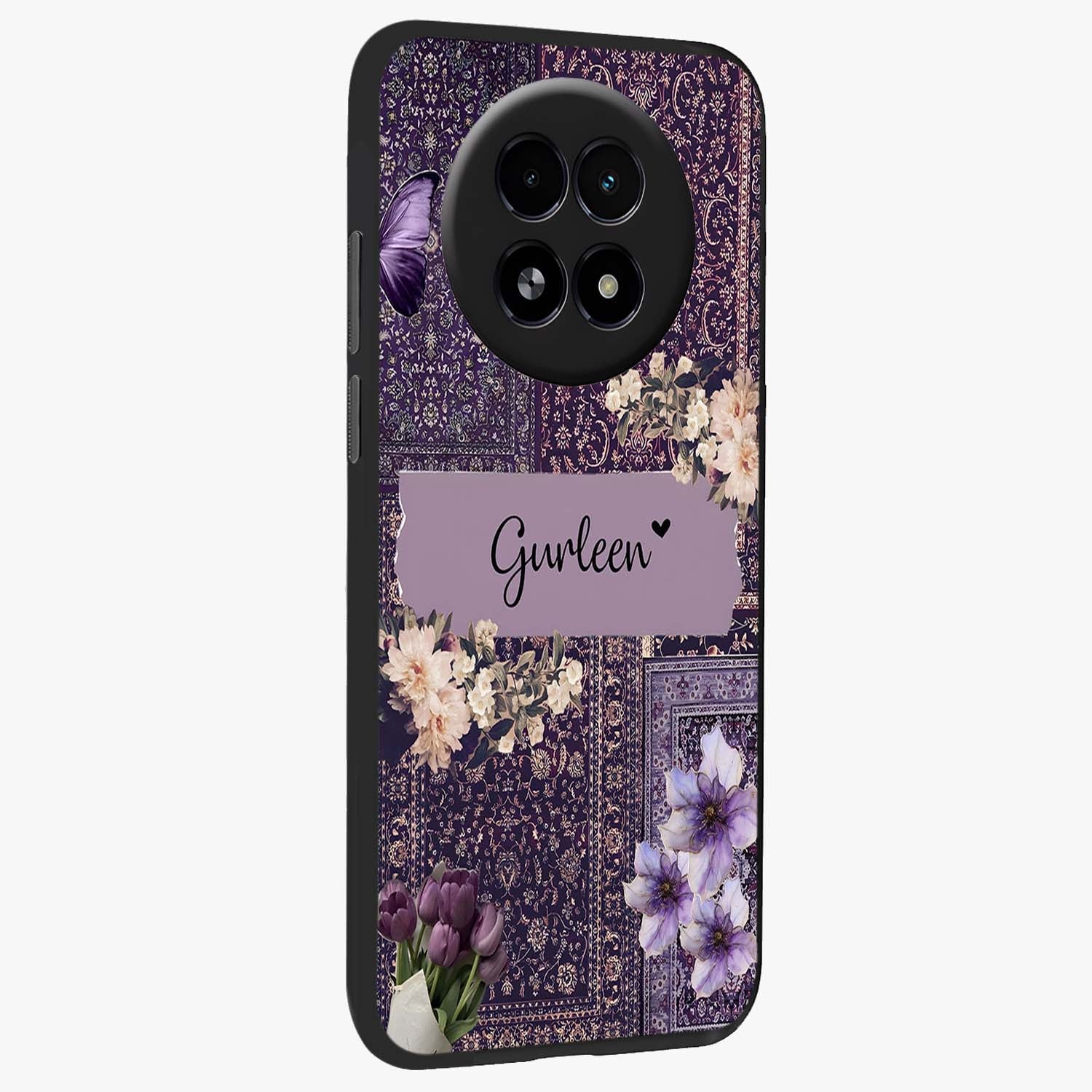 Antique Floral Whisper Custom Name Glass Case upright view showcasing delicate floral artwork with custom name feature.