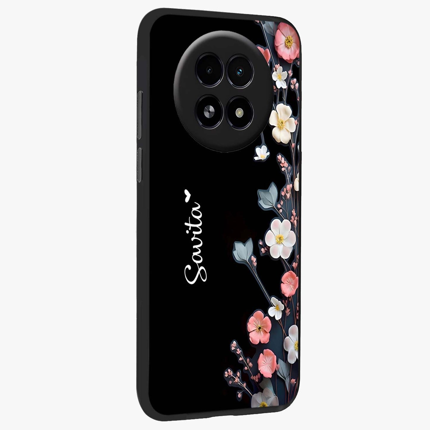 Black Elegance Floral Custom Name Glass Case upright view showcasing luxurious black floral design with personalized name detail.