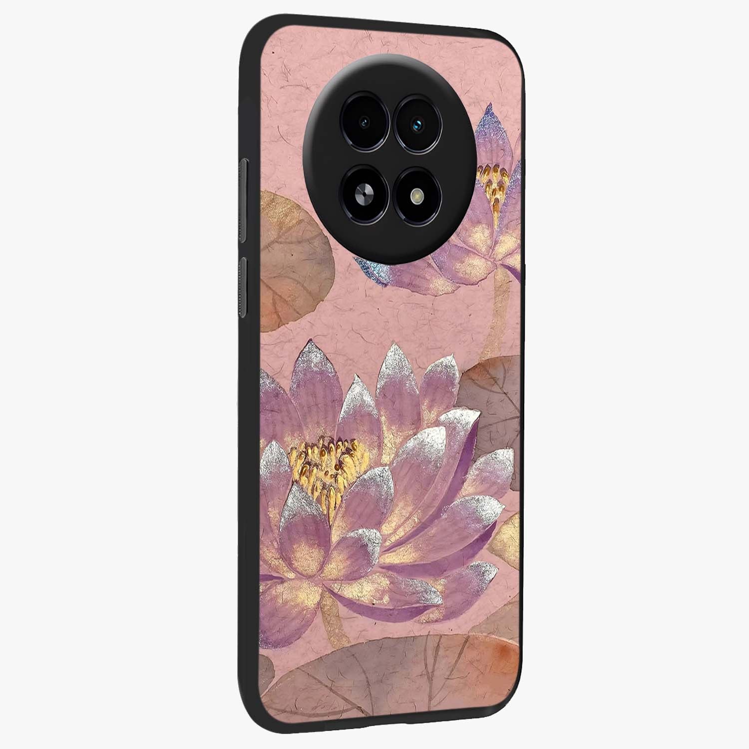 Blossom Mist Lotus Glass Case upright view showcasing graceful lotus flower design with peaceful botanical style.