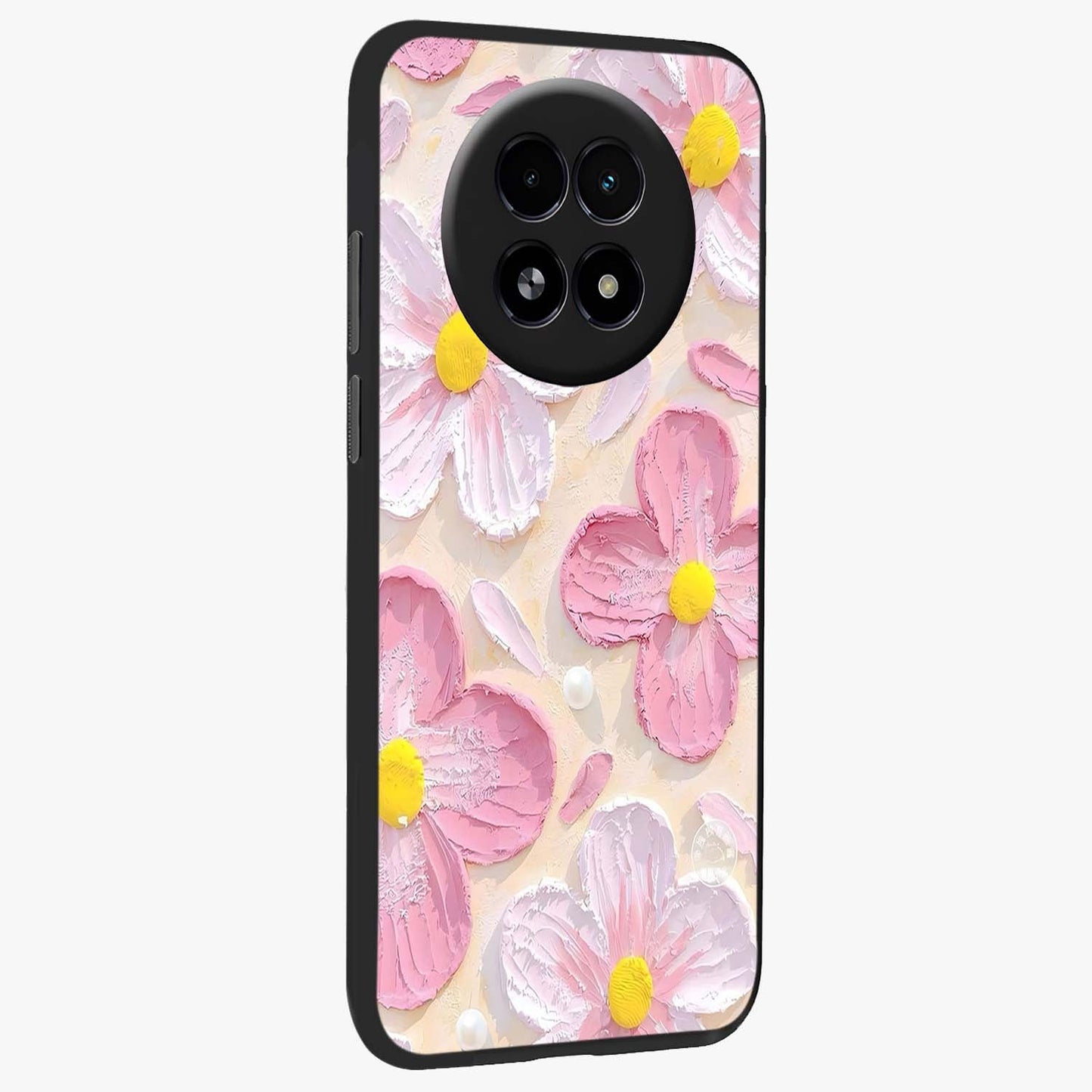 Blush Bloom Texture Glass Case upright view showcasing delicate blush floral texture with modern minimal style.
