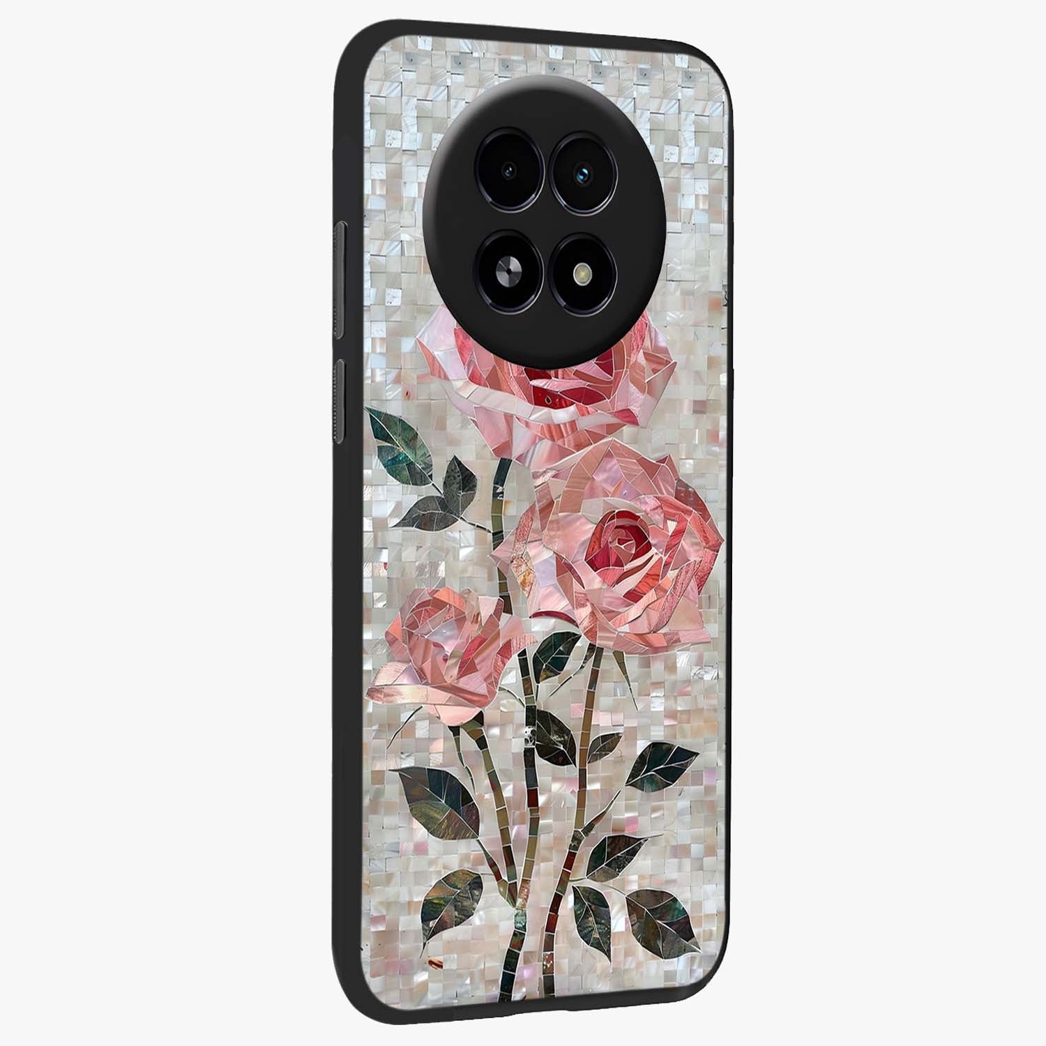 Blush Mosaic Bloom Glass Case upright view showcasing decorative floral mosaic artwork with stylish modern aesthetic.