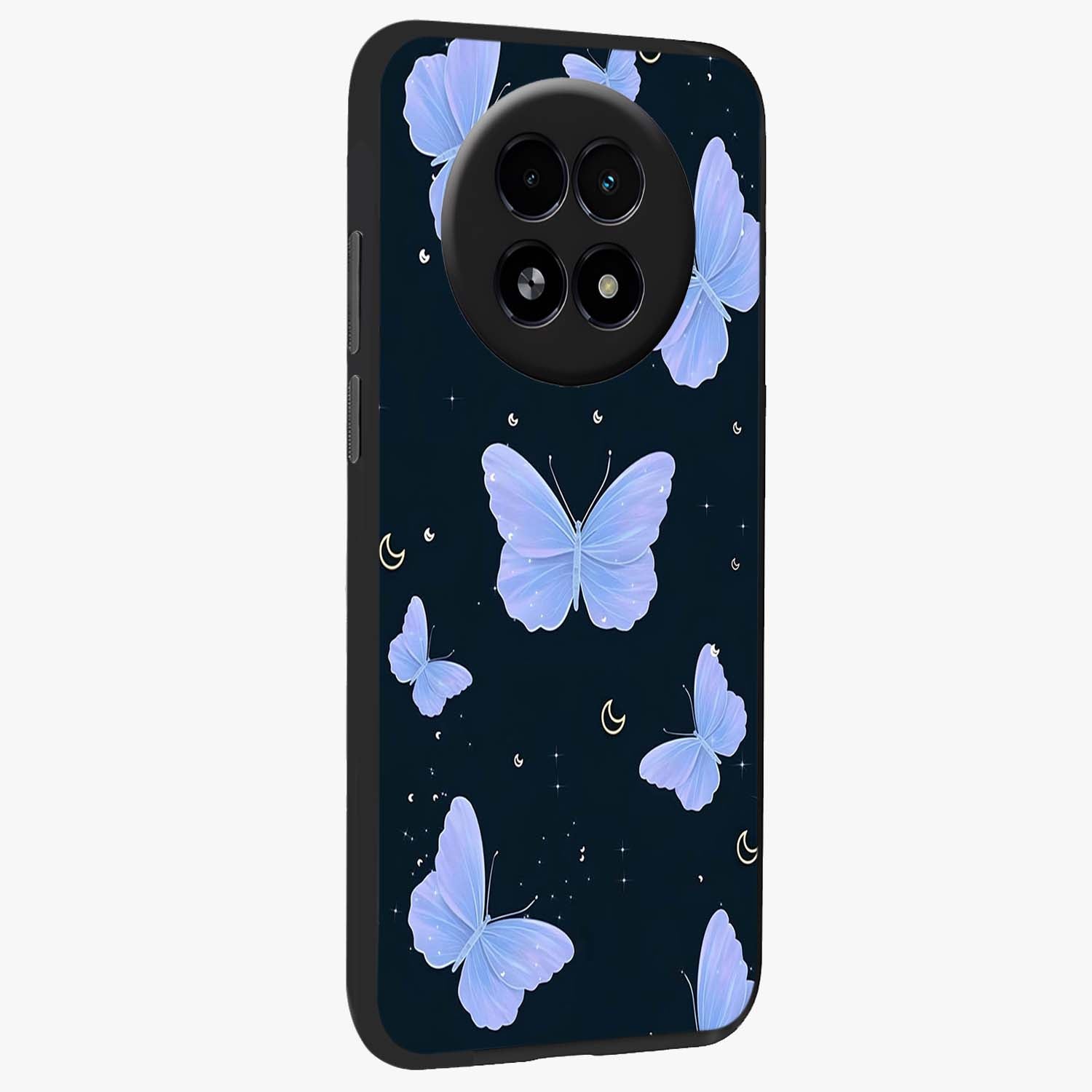 Butterfly With Stars Pattern Glass Case upright view showcasing celestial butterfly artwork with sparkling star elements.