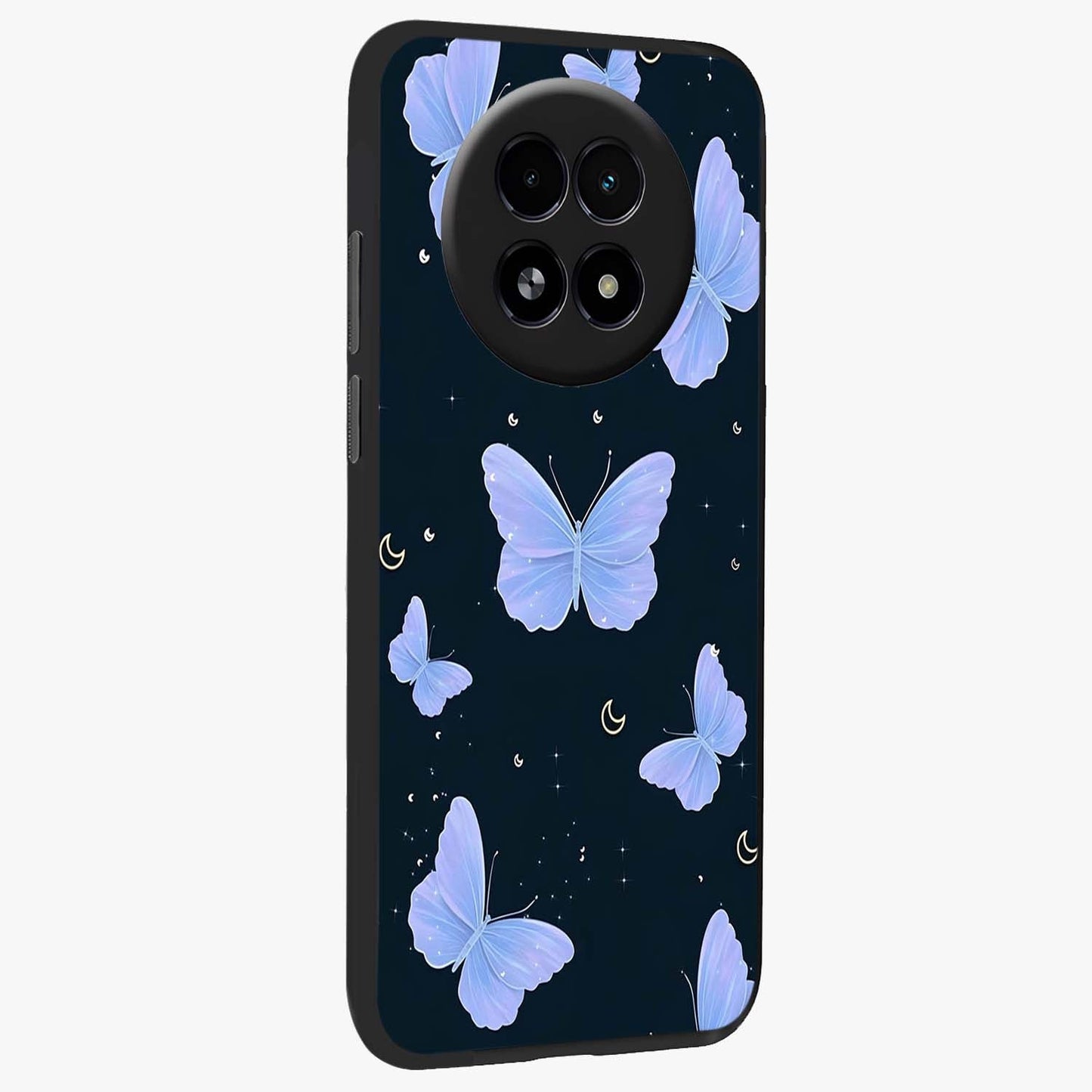 Butterfly With Stars Pattern Glass Case upright view showcasing celestial butterfly artwork with sparkling star elements.