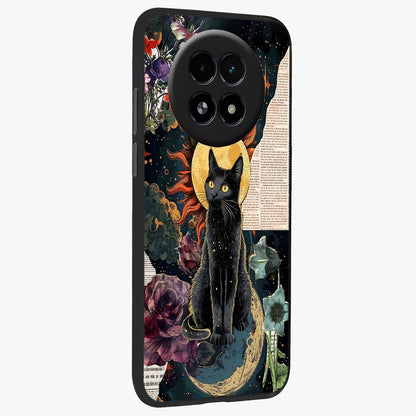 Celestial Black Cat Glass Case upright view showcasing magical black cat illustration with starry cosmic theme.