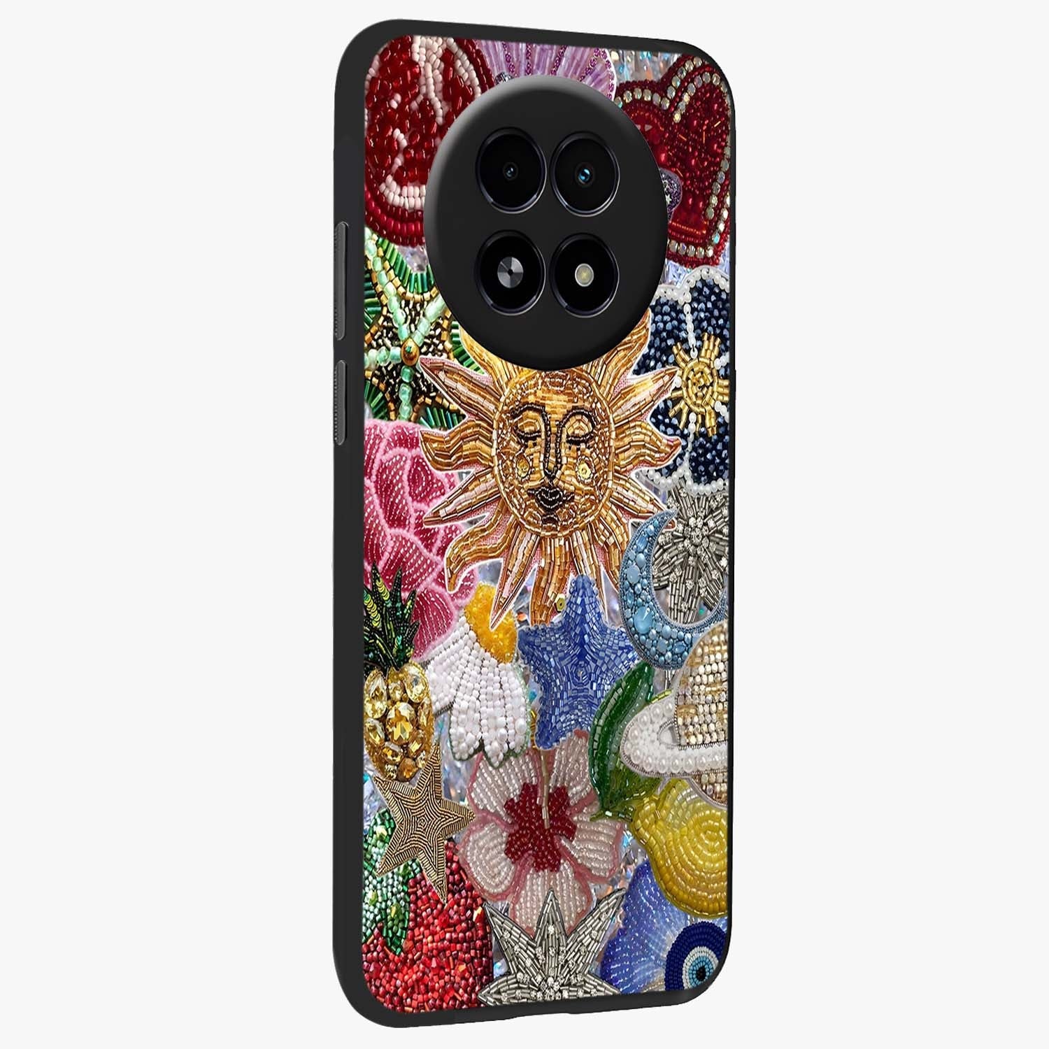 Celestial Floral and Playful Glass Case upright view showcasing whimsical floral artwork with cosmic aesthetic theme.