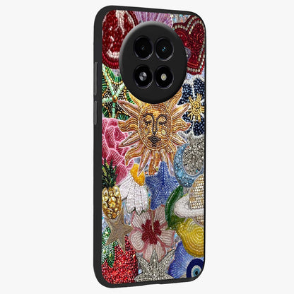 Celestial Floral and Playful Glass Case upright view showcasing whimsical floral artwork with cosmic aesthetic theme.