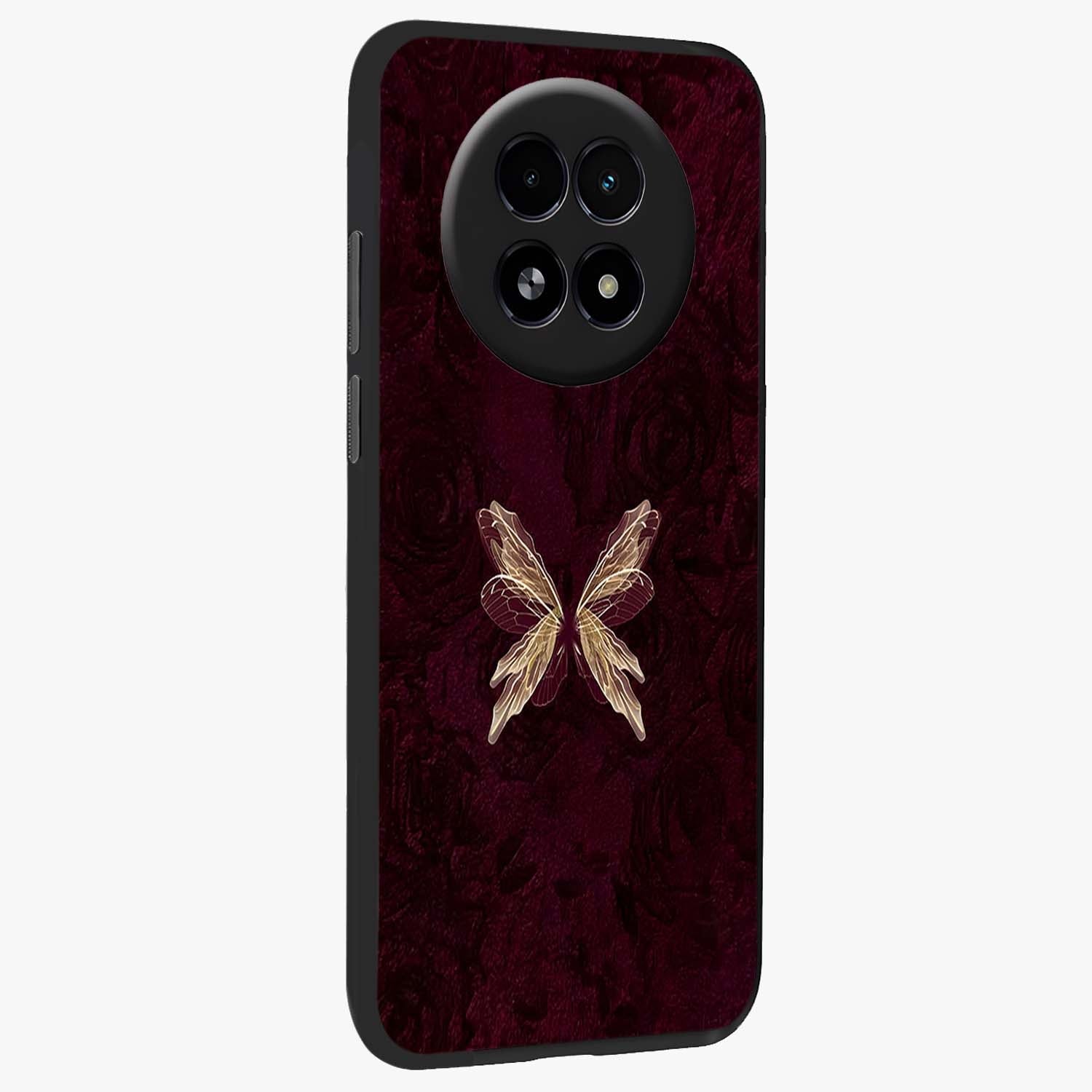 Crimson Fade Butterfly Glass Case upright view showcasing graceful butterfly artwork with soft crimson fade effect.