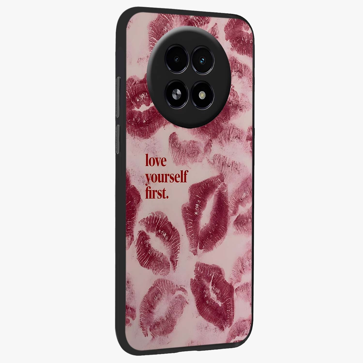 Crimson Kiss Love Glass Case upright view showcasing expressive romantic artwork with deep crimson theme.