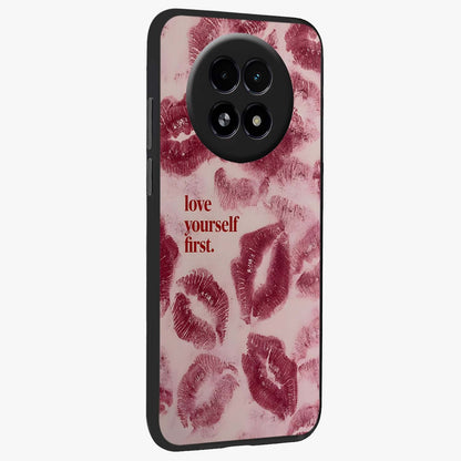 Crimson Kiss Love Glass Case upright view showcasing expressive romantic artwork with deep crimson theme.