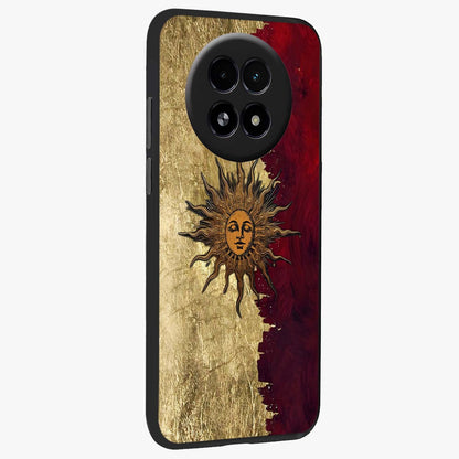 Crimson Sun Majesty Glass Case upright view showcasing vibrant sun artwork with powerful celestial theme.