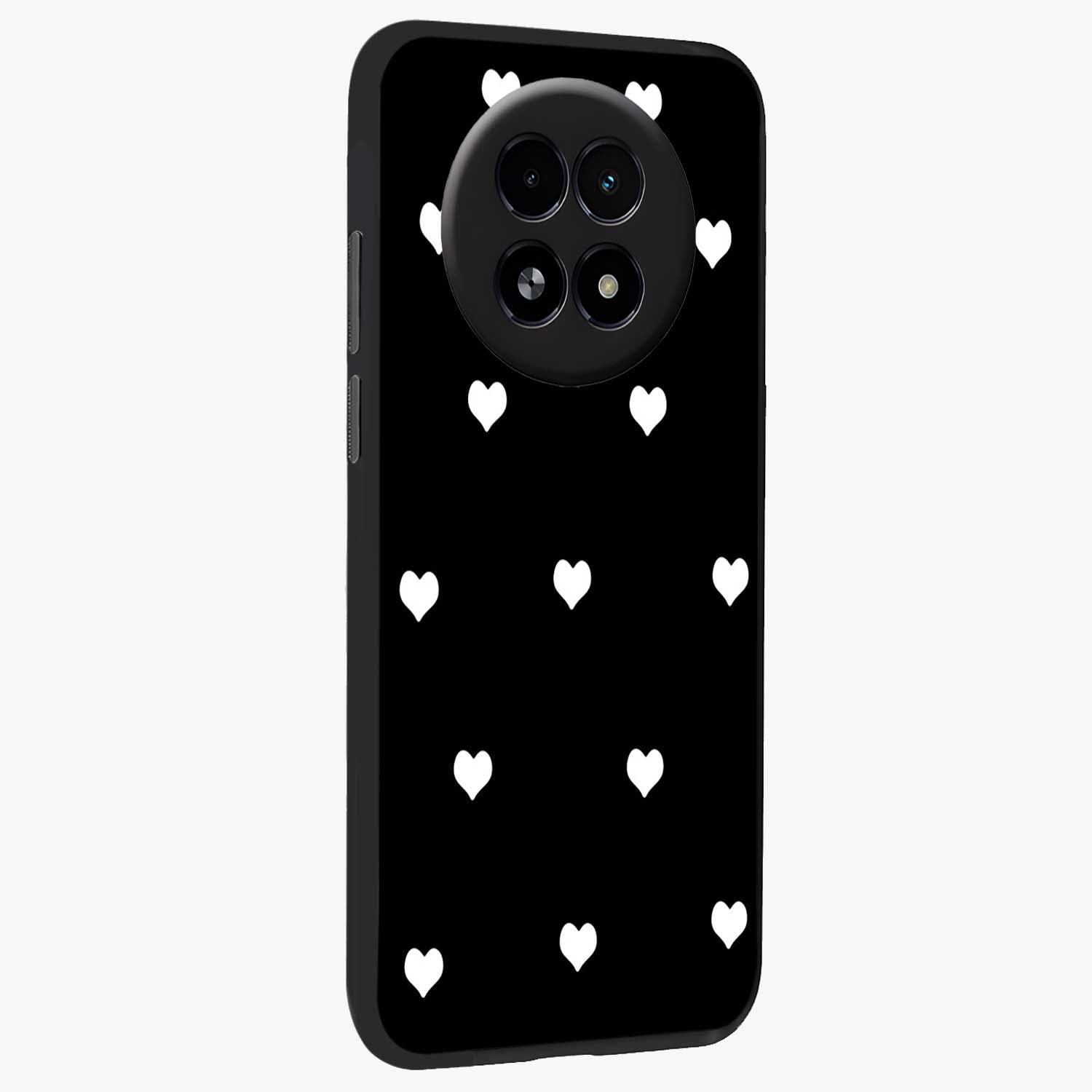 Cute And Simple White Hearts Glass Case upright view showcasing simple white hearts artwork with soft minimal theme.